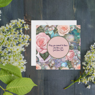 Pink Roses on Iridescent Pebbles Blessings Holiday Card