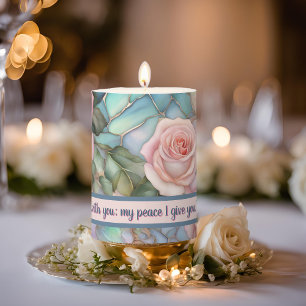 Pink Roses on Iridescent Pebbles Inspiration Short Pillar Candle