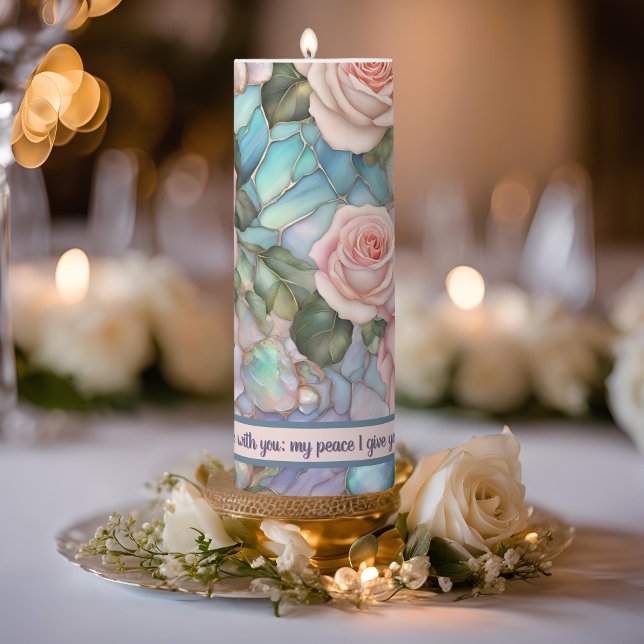 Pink Roses on Iridescent Pebbles Inspirations Tall Pillar Candle (Creator Uploaded)