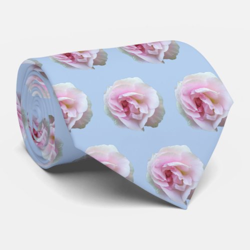 Pink Roses on Light Blue Floral Pattern Neck Tie