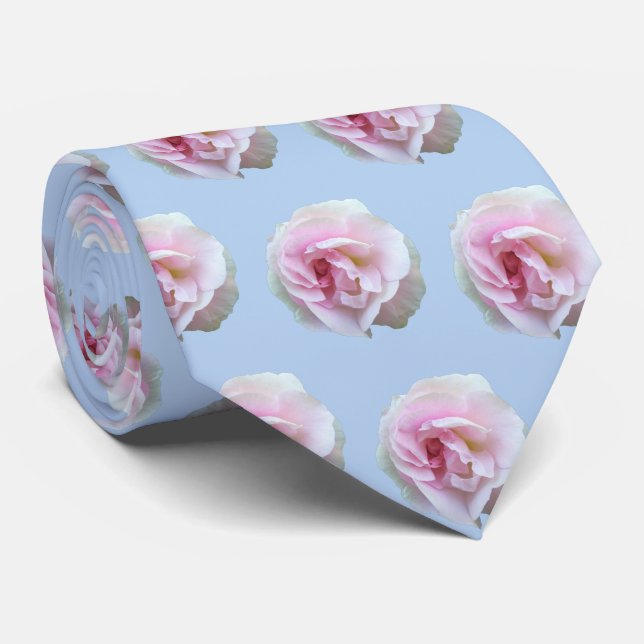 Pink Roses on Light Blue Floral Pattern Neck Tie (Rolled)