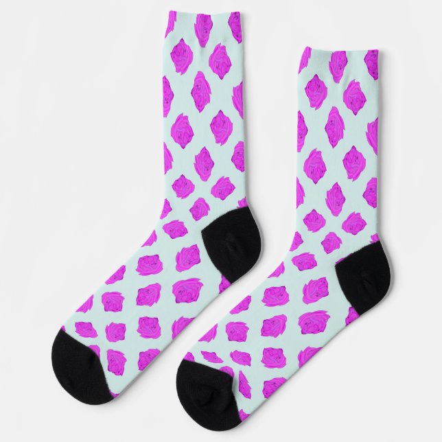 Pink roses on light blue socks (Left)