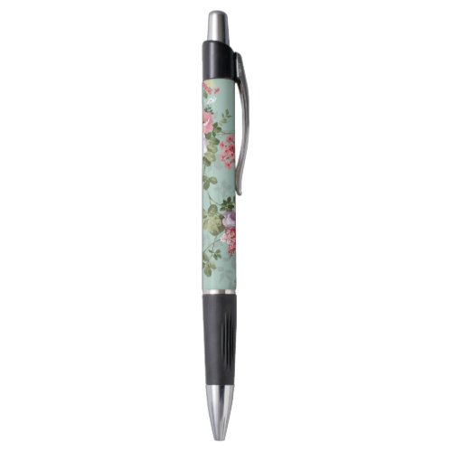 Pink Roses on Mint Vintage Garden Pen