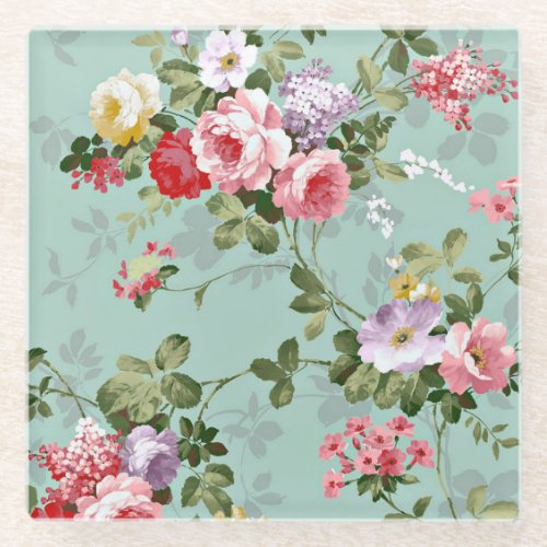 Pink Roses on Mint Vintage Glass Coasters