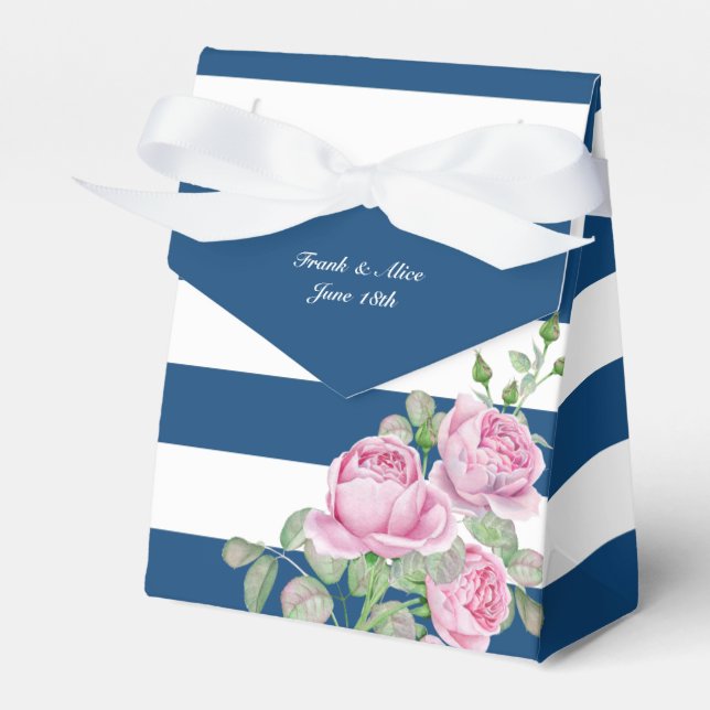 Pink Roses on Navy Stripes Custom Favor Boxes (Front Side)
