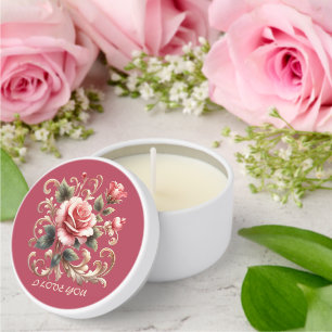 Pink Roses On Ornate Design I Love You Mini Candle Favors