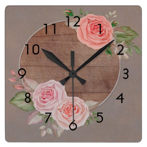 Pink Roses on Rustic Brown Wood Wall Clock
