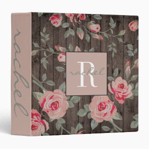 Pink Roses on Rustic Wood Monogrammed Binder
