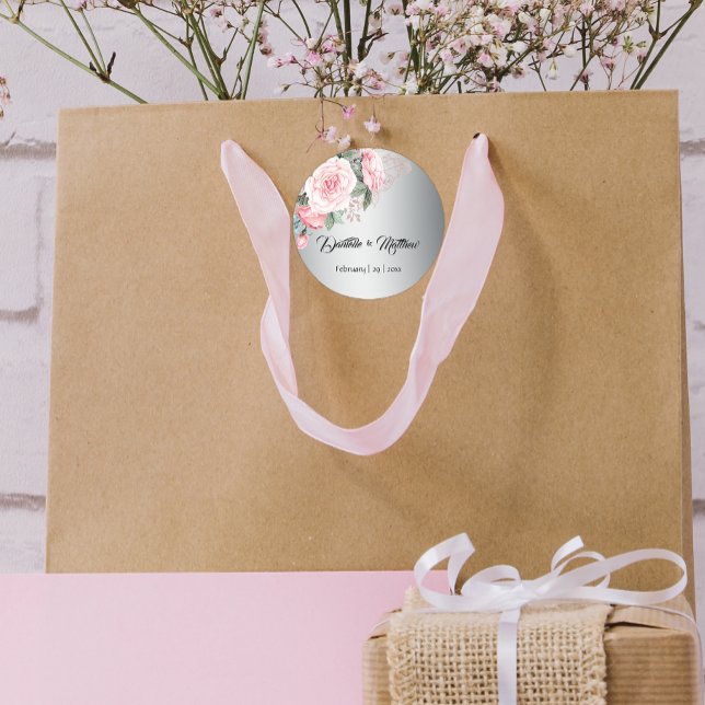 Pink Roses on Silver Botanical Wedding Classic Round Sticker (Creator Uploaded)