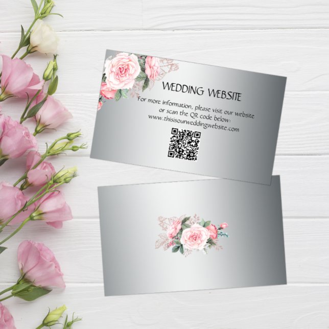 Pink Roses on Silver Wedding Website Enclosure Card (Creator Uploaded)