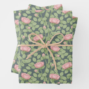 Pink Roses on slate blue Wrapping Paper Sheets