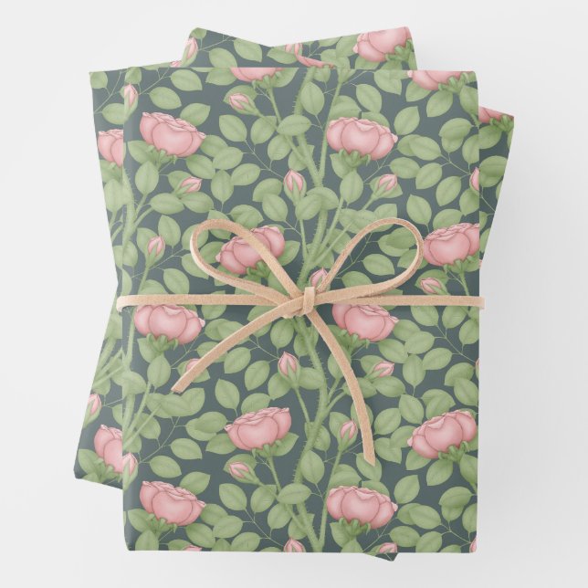 Pink Roses on slate blue Wrapping Paper Sheets (In situ)