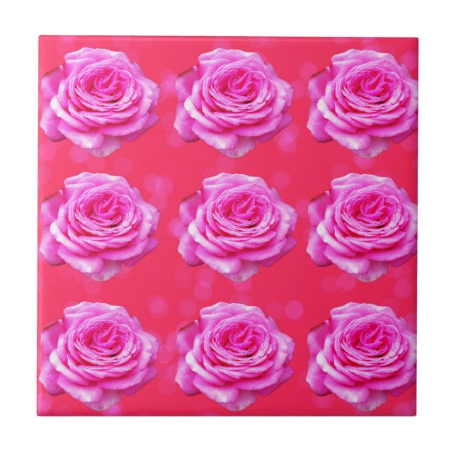 Pink Roses On Sparkle Pink Bokeh,- Ceramic Tile (Front)