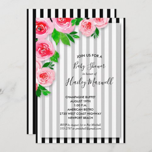 Pink Roses on Stripes Baby Shower Invitations