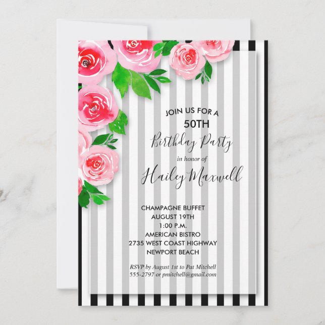 Pink Roses on Stripes Birthday Party Invitations (Front)