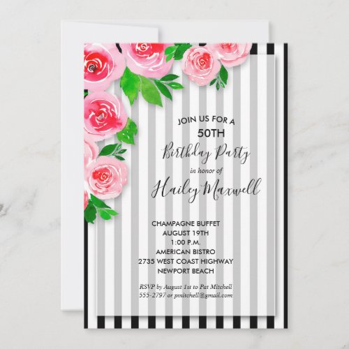 Pink Roses on Stripes Birthday Party Invitations