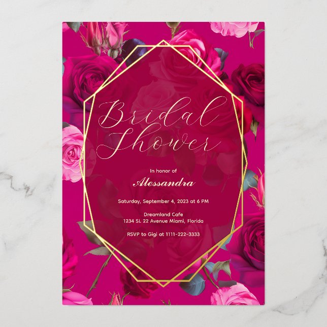 Pink Roses on Viva Magenta | Bridal Shower Foil Invitation (Front)
