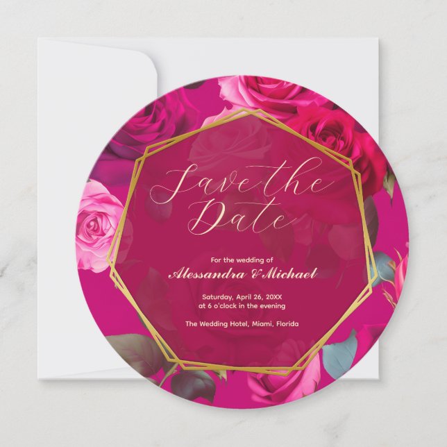 Pink Roses on Viva Magenta | Save The Date Invitation (Front)