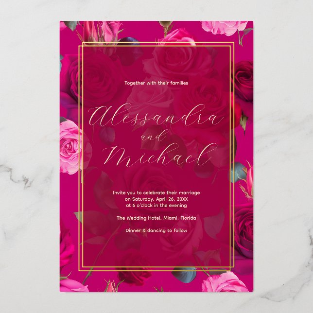 Pink Roses on Viva Magenta | Wedding Foil Invitation (Front)
