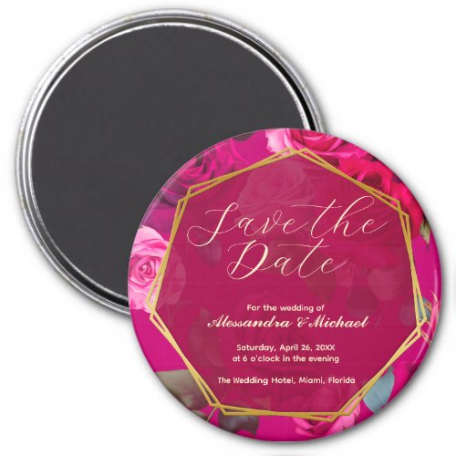 Pink Roses on Viva Magenta  Wedding Save The Date Magnet