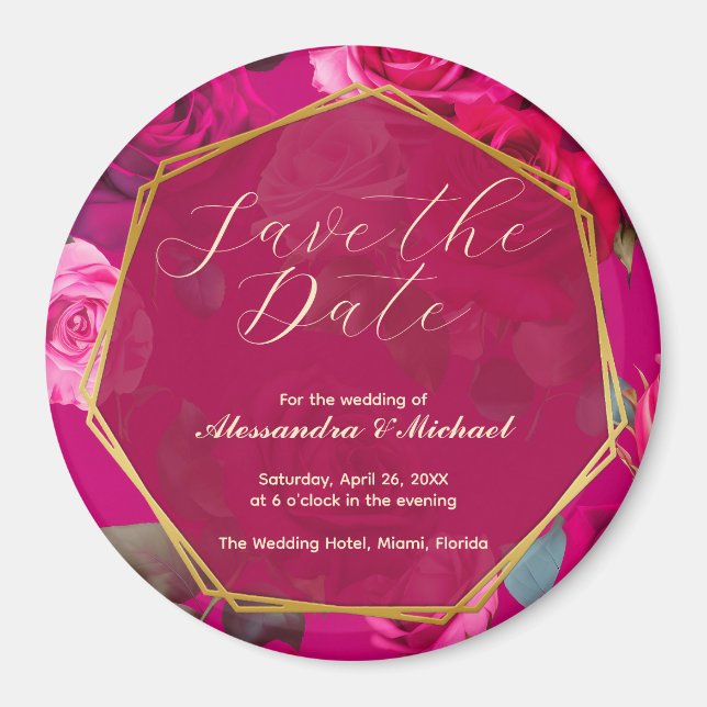 Pink Roses on Viva Magenta | Wedding Save The Date Magnet (Front)