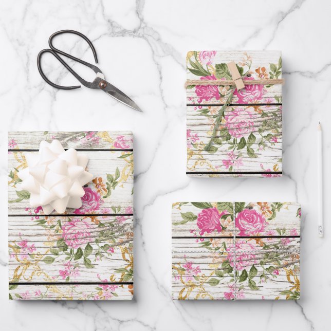 Pink Roses on White Barnboard Wrapping Paper Sheets (Front)