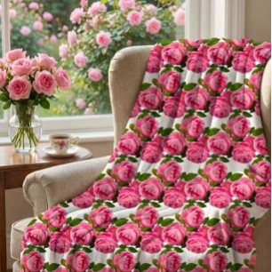 Pink Roses on White  Fleece Blanket