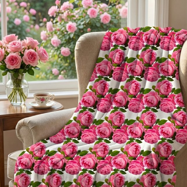 Pink Roses on White  Fleece Blanket (Pink rose floral on white fleece blanket, perfect for those chilly spring days.  )