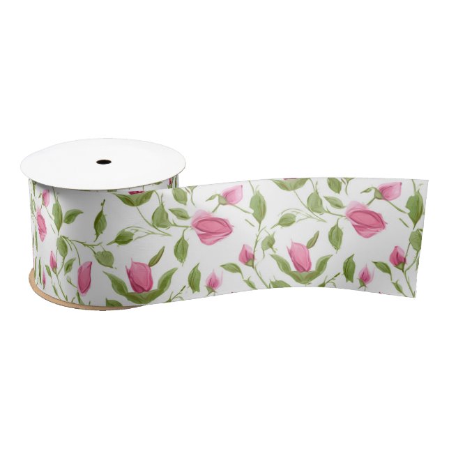 Pink Roses On White Satin Ribbon (Spool)