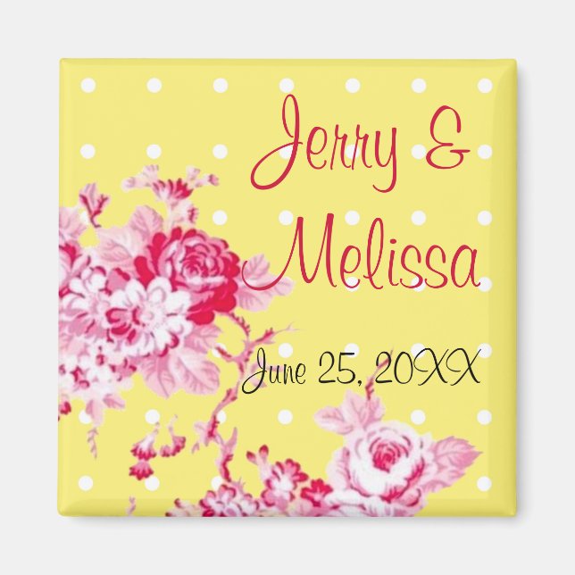 Pink Roses On Yellow Wedding Favor Magnet (Front)