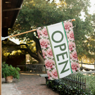Pink Roses Open Sign for Business Flag