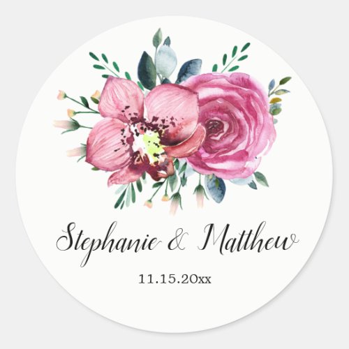 Pink Roses Orchids Floral Watercolor Wedding Classic Round Sticker