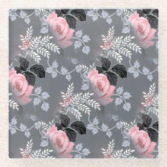 Pink Roses Over Gray Background Glass Coaster (Front)
