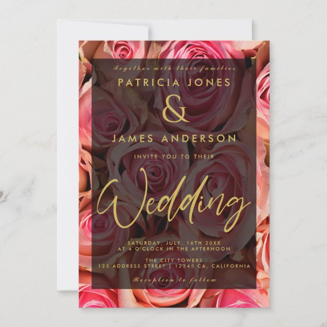 Pink Roses Overlay Wedding Invitation (Front)