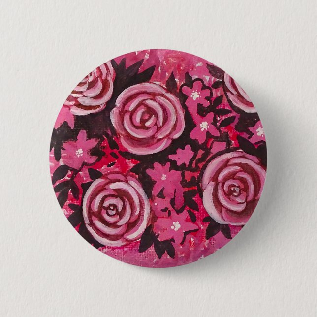 Pink Roses Painting Badge Button (Front)