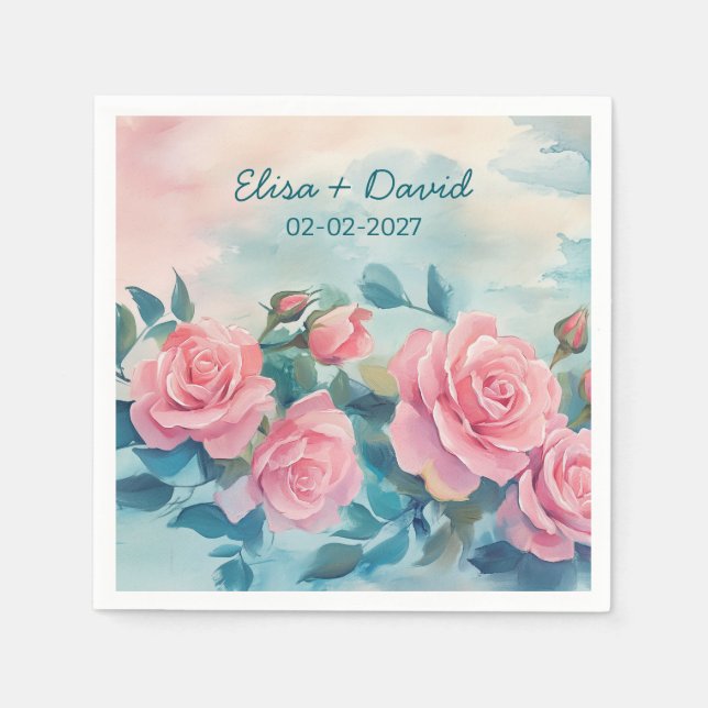 Pink Roses Painting Bridal Shower CUSTOM  Napkins (Front)