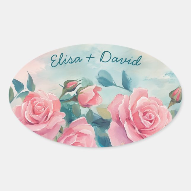 Pink Roses Painting Bridal Shower CUSTOM  Oval Sticker (Front)