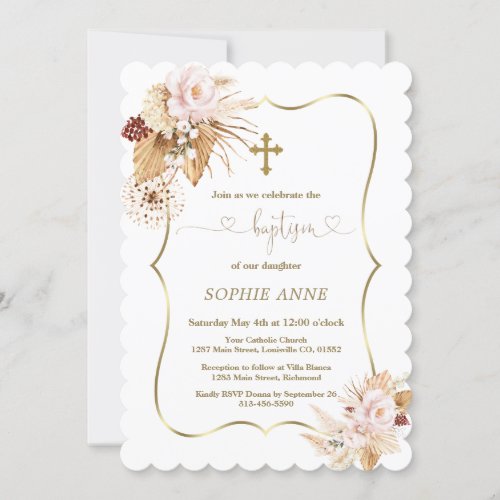 Pink Roses Pampas Grass Palm Gold Girl Baptism Invitation