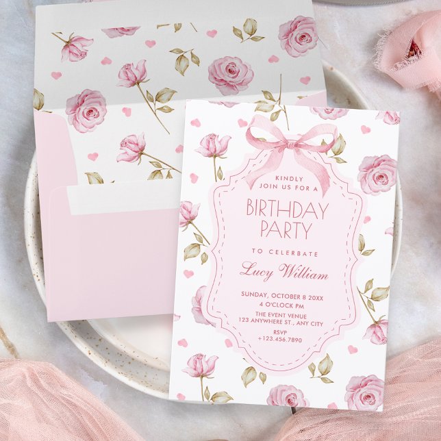 Pink roses pattern bow birthday invitation (Creator Uploaded)