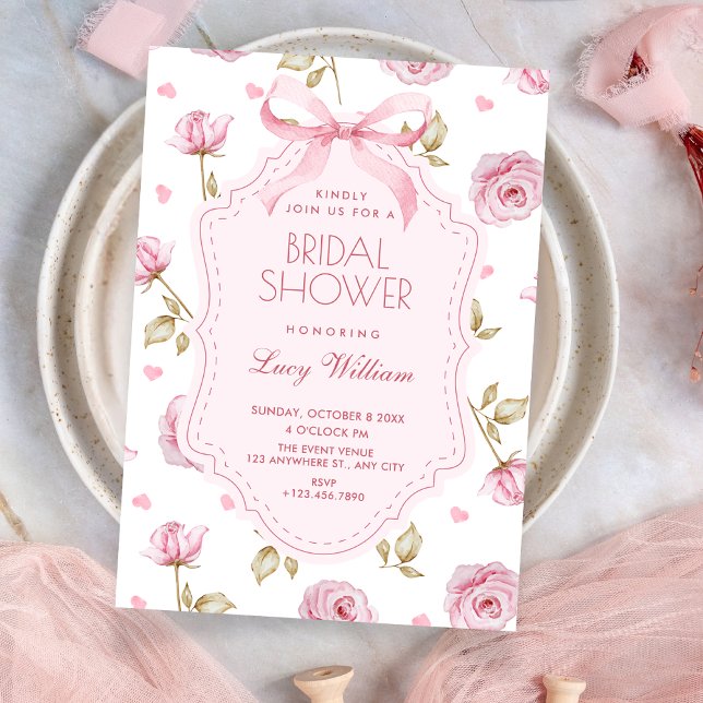 Pink roses pattern bow bridal shower invitation (Creator Uploaded)