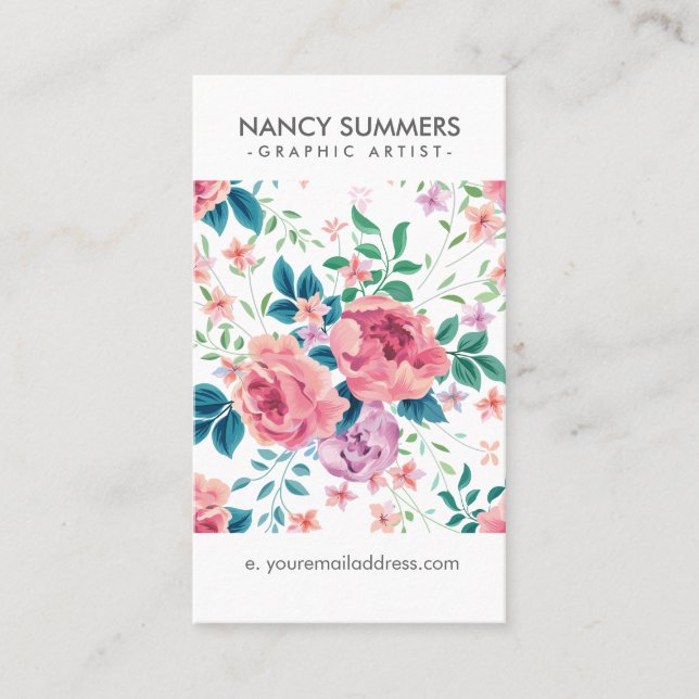 Pink roses pattern business card (Front)