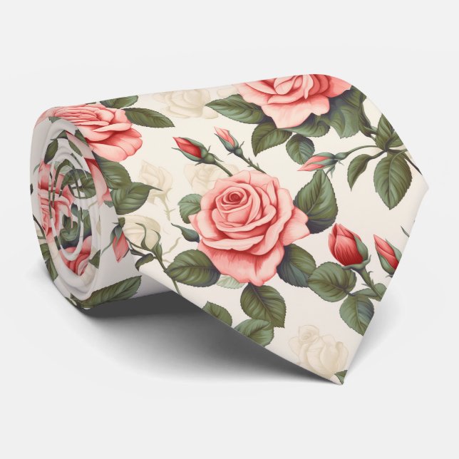 pink roses pattern neck tie (Rolled)