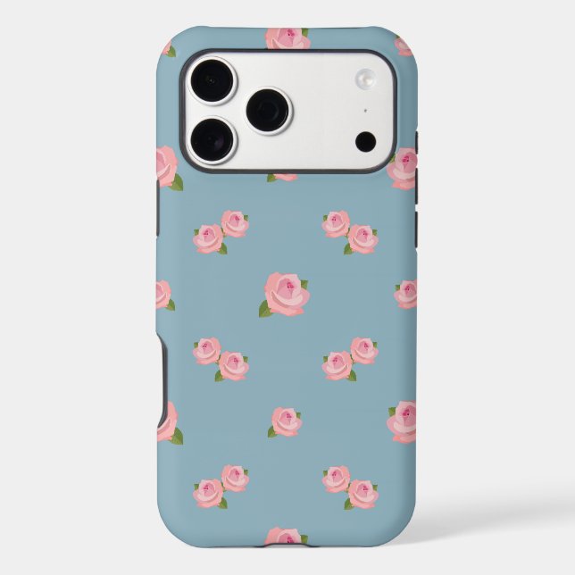Pink Roses Pattern on Blue Case-Mate iPhone Case (Back)