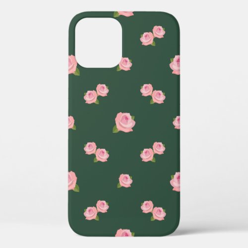 Pink Roses Pattern on Green iPhone 12 Pro Case