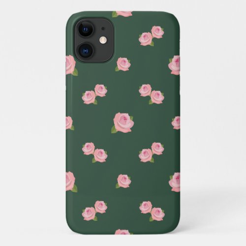 Pink Roses Pattern on Green iPhone 11 Case