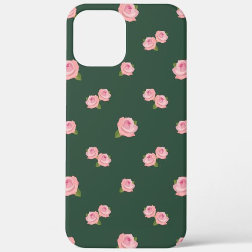 Pink Roses Pattern on Green iPhone 12 Pro Max Case