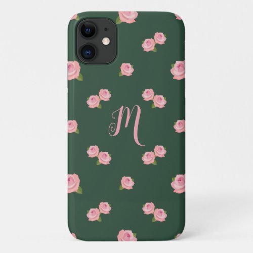 Pink Roses Pattern on Green personalized iPhone 11 Case