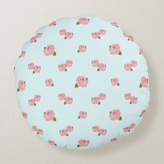 Pink Roses Pattern on Light Blue Round Pillow (Back)