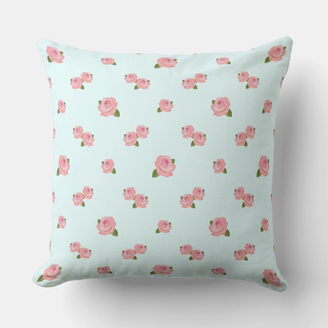 Pink Roses Pattern on Light Blue Throw Pillow (Front)