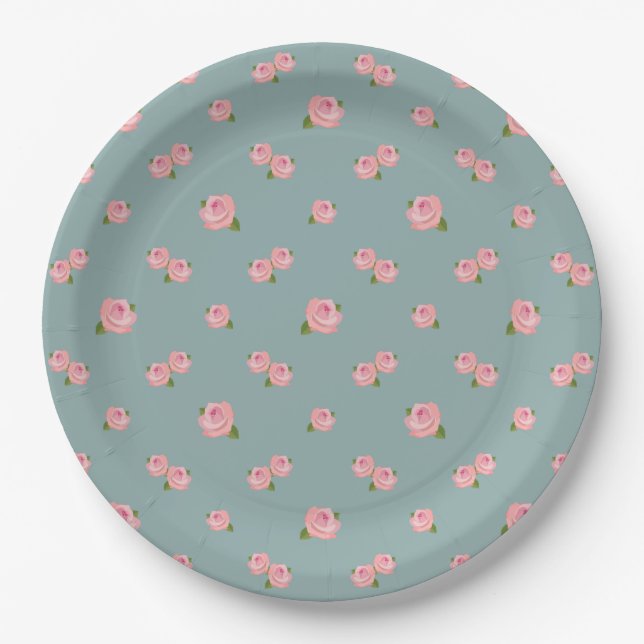 Pink Roses Pattern on Light Teal Paper Plates (Front)